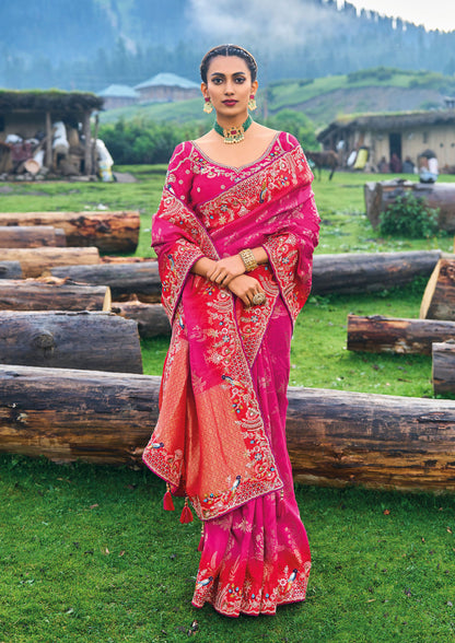 Pink Banglory Silk Embroidered Reception Saree
