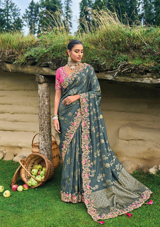 Stone Grey Silk Heavy Embroidery With Stone Work Saree