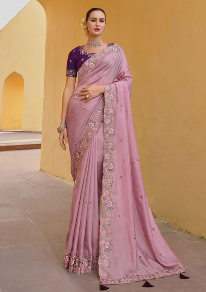 Desaturated Pink Color Tissue Organza Embroidery Festive Wear Saree
