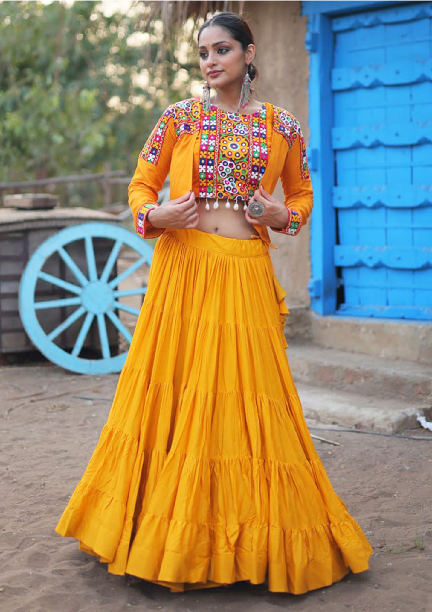 Rayon Yellow Festival Wear Gamthi Work Readymade Lehenga Choli With Koti