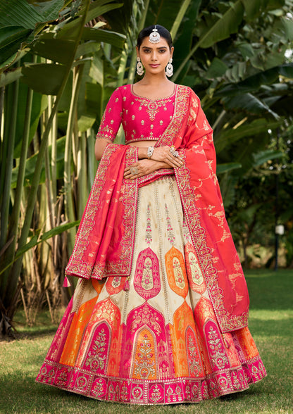 Pink And Cream Banarasi Silk Embroidery Lehenga With Sequins Work