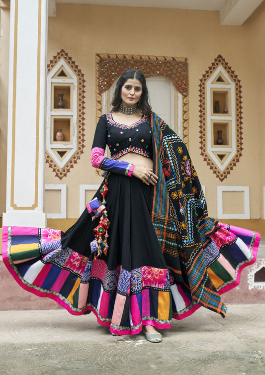 Black Color Viscose Rayon Embroidered Navratri Lehenga