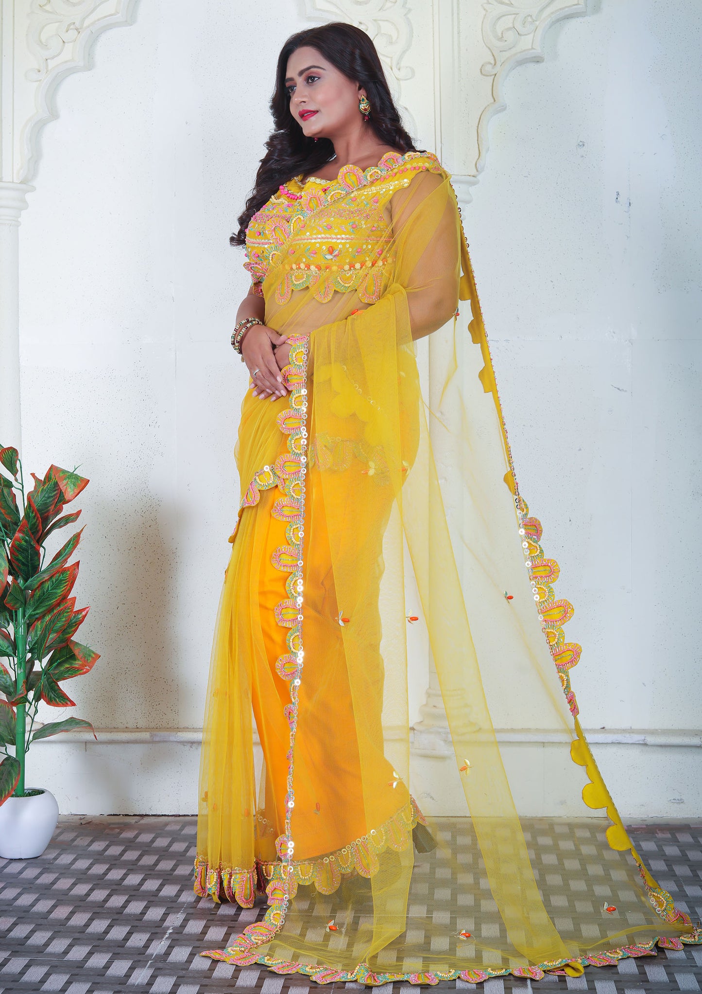 Yellow Color Net Saree with Handwork in Border and Blouse