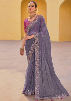 Grayish Pink Color Tissue Organza Embroidery Festive Wear Saree