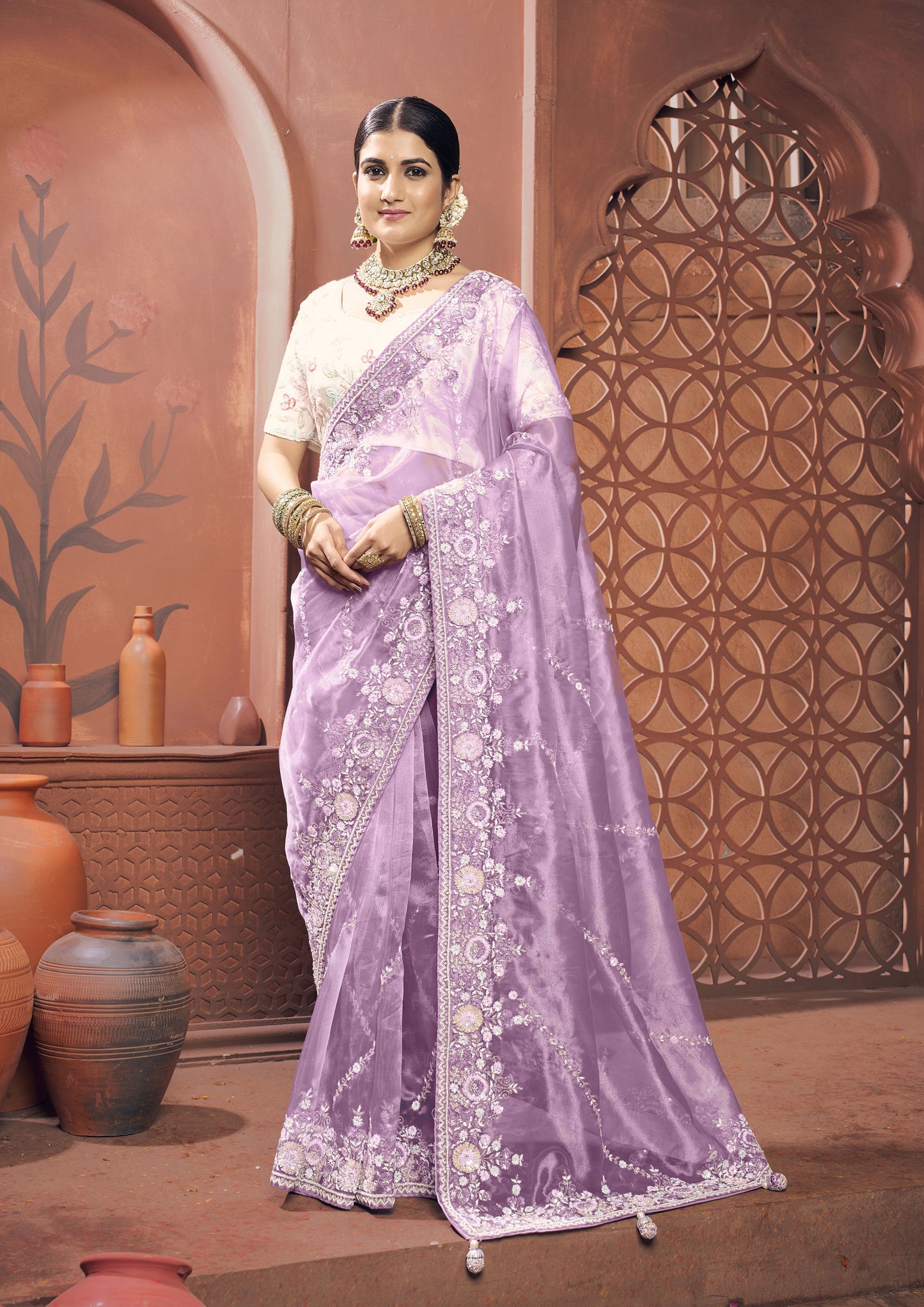 Lavender Color Organza Tissue Sequins Work Saree