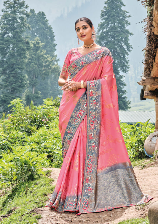 Gajri Pink Banarasi Silk Designer Saree for Wedding and Engagement