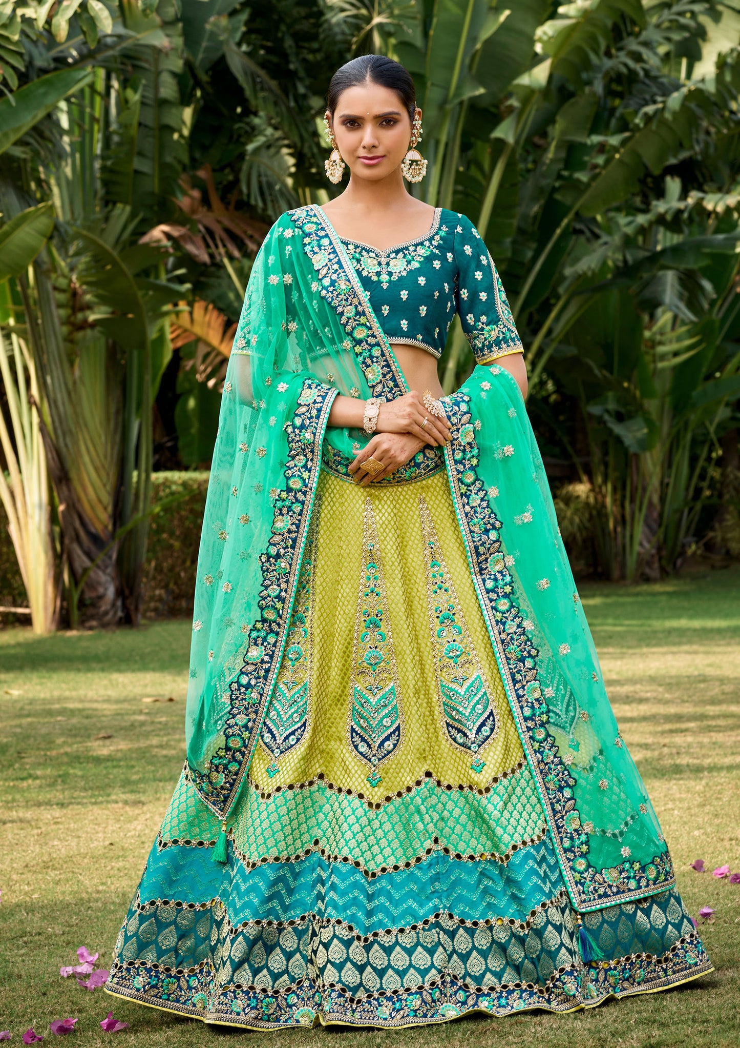 Green And Yellow Jacquard Silk Embroidery Lehenga With Sequins Work