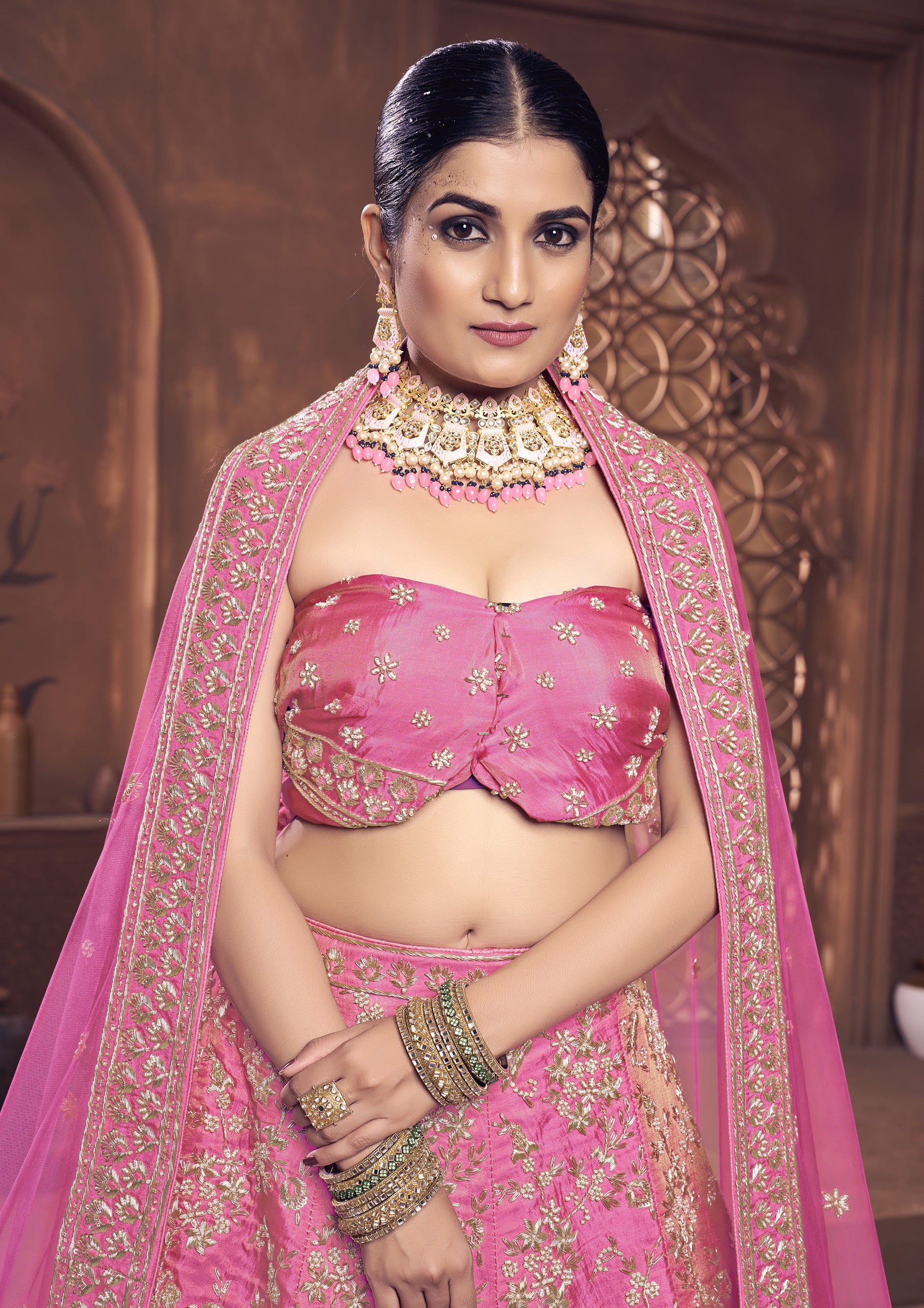 Adorable Pink Color Raw Silk Hand Work Lehenga Choli