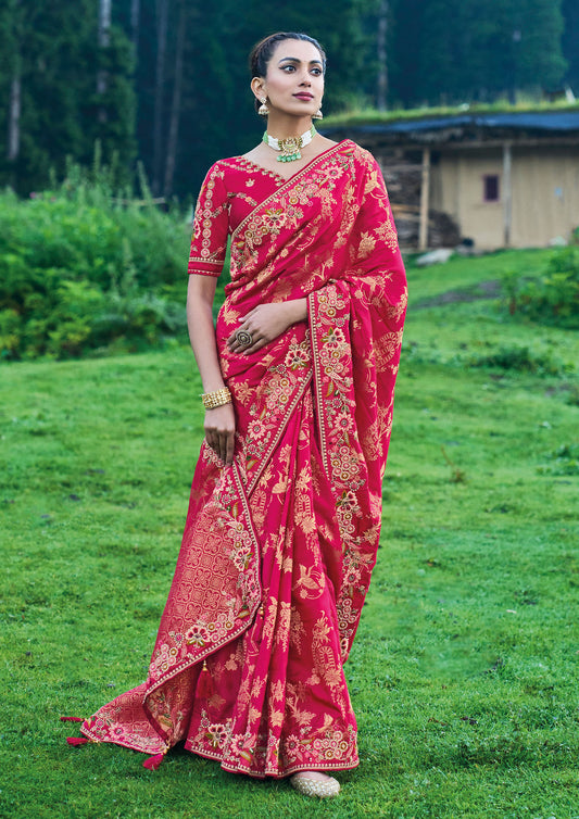 Embroidered Banarasi Silk Saree in Dark Pink