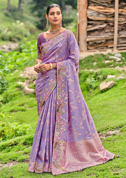 Lavender Silk Heavy Embroidery With Stone Work Saree