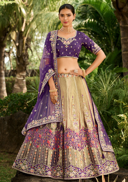 Purple And Cream Banarasi Silk Embroidery Lehenga With Sequins Work