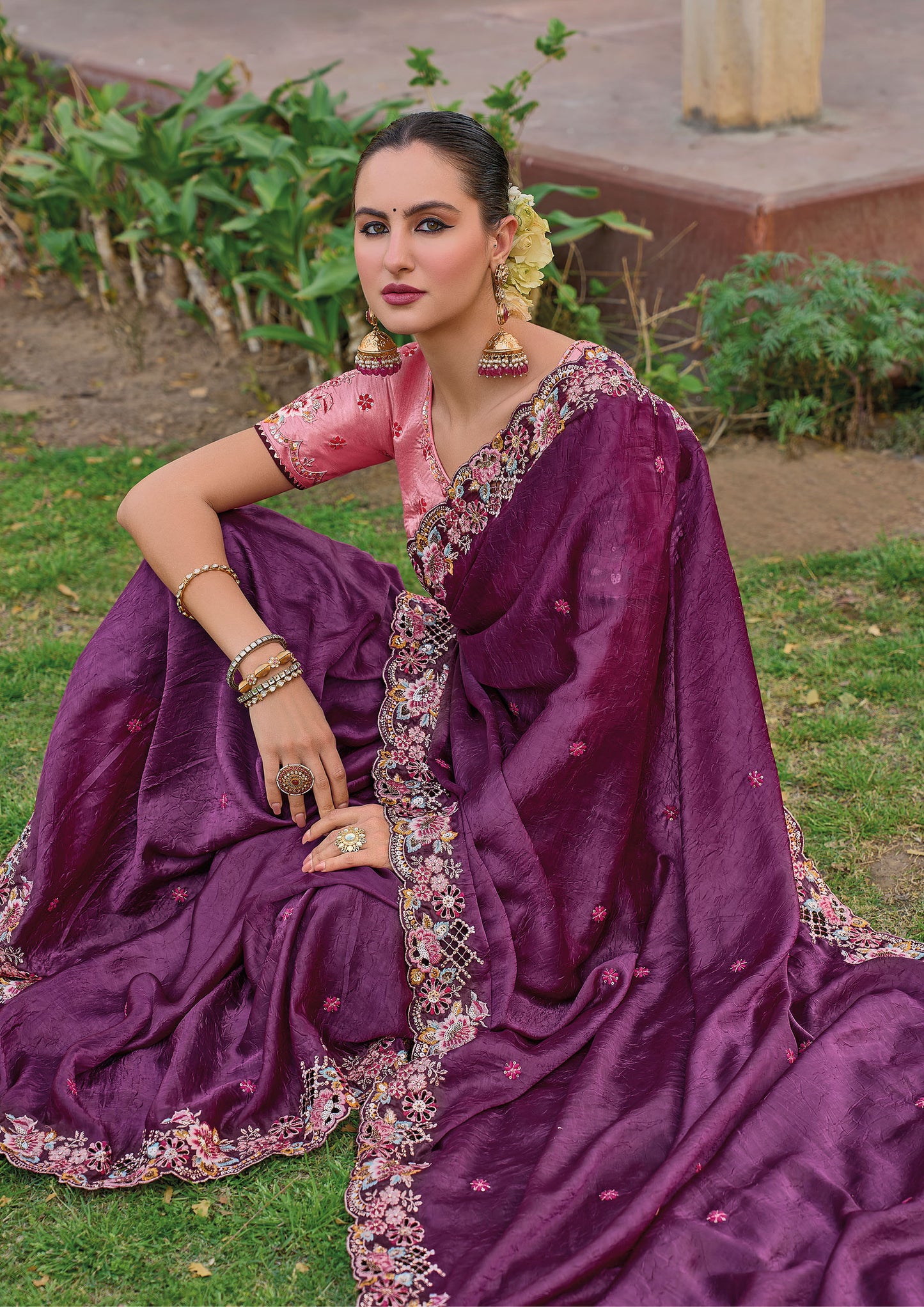 Wine Color Tissue Organza Embroidery Festive Wear Saree