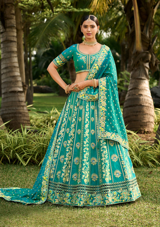 Sea Green Banarasi Silk Embroidery Lehenga With Sequins Work