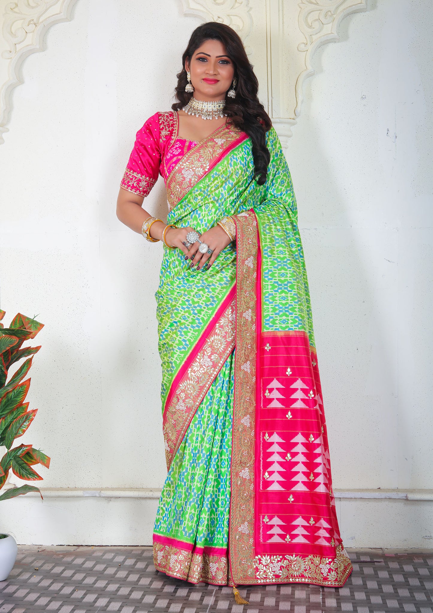 Parrot Green Color Silk Handwork Saree