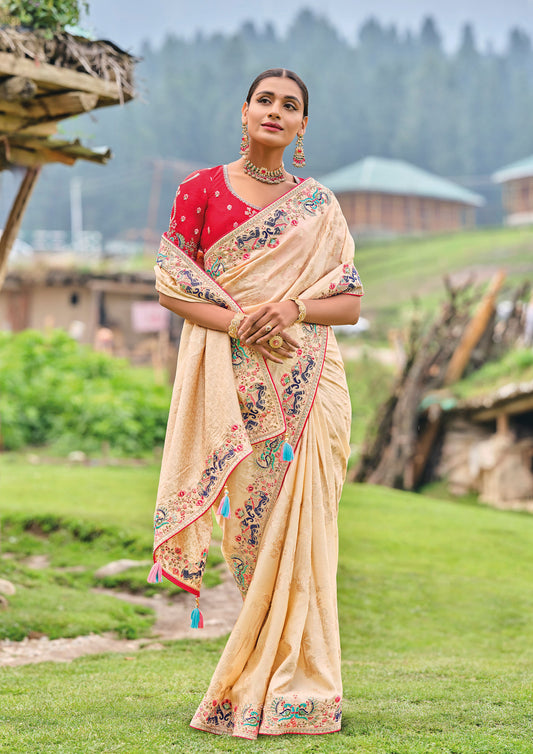 Cream Color Silk Embroidered Trendy Saree