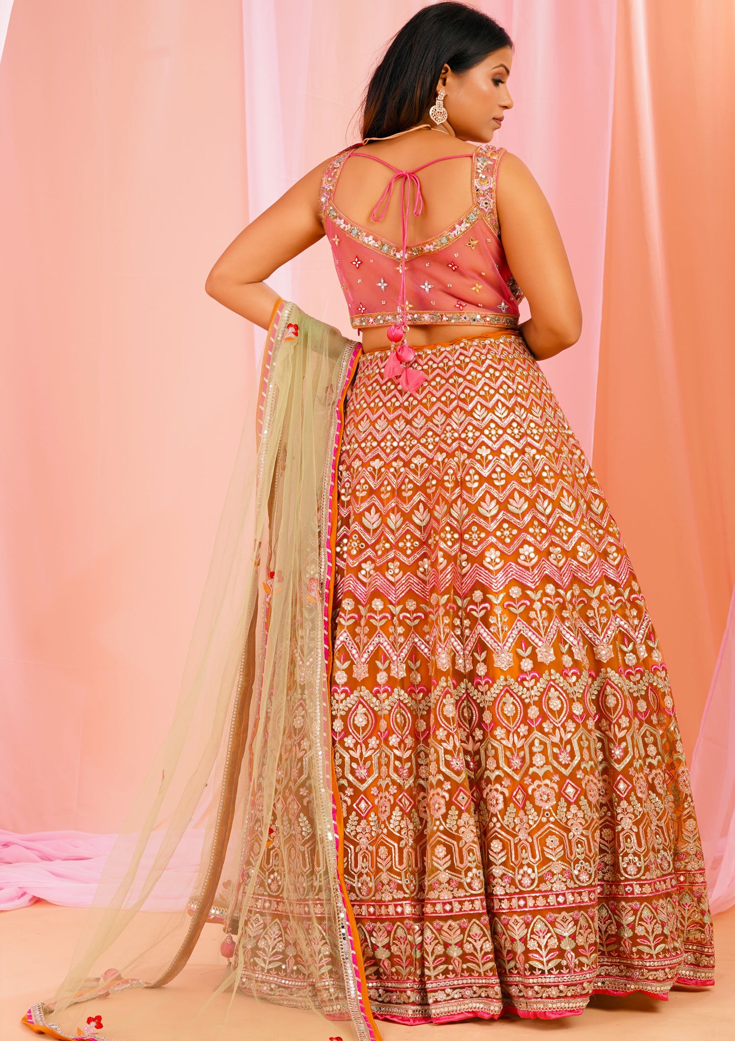 Mustard And Pink Color Net Wedding Wear Lehenga Choli