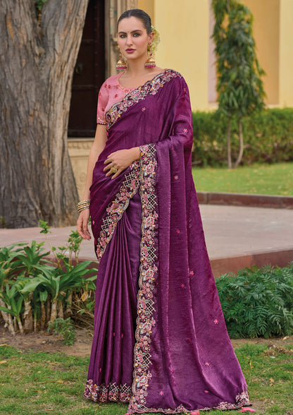 Wine Color Tissue Organza Embroidery Festive Wear Saree