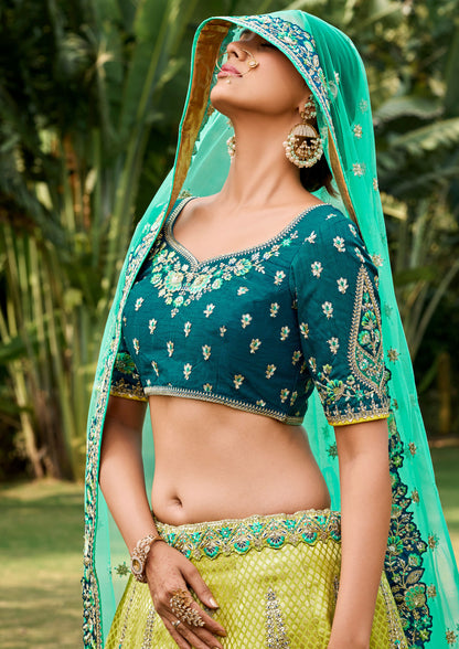 Green And Yellow Jacquard Silk Embroidery Lehenga With Sequins Work