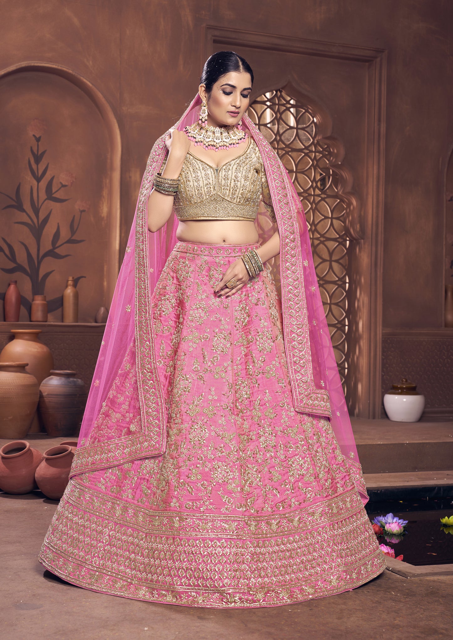 Adorable Pink Color Raw Silk Hand Work Lehenga Choli