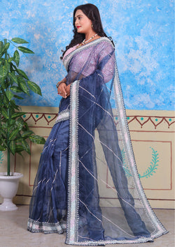 Teal Blue Handwork Organza Saree