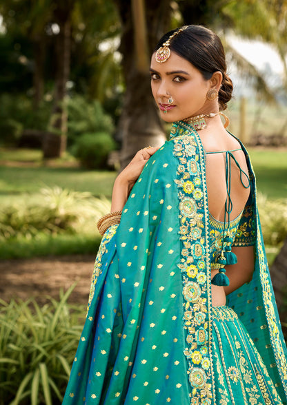 Sea Green Banarasi Silk Embroidery Lehenga With Sequins Work