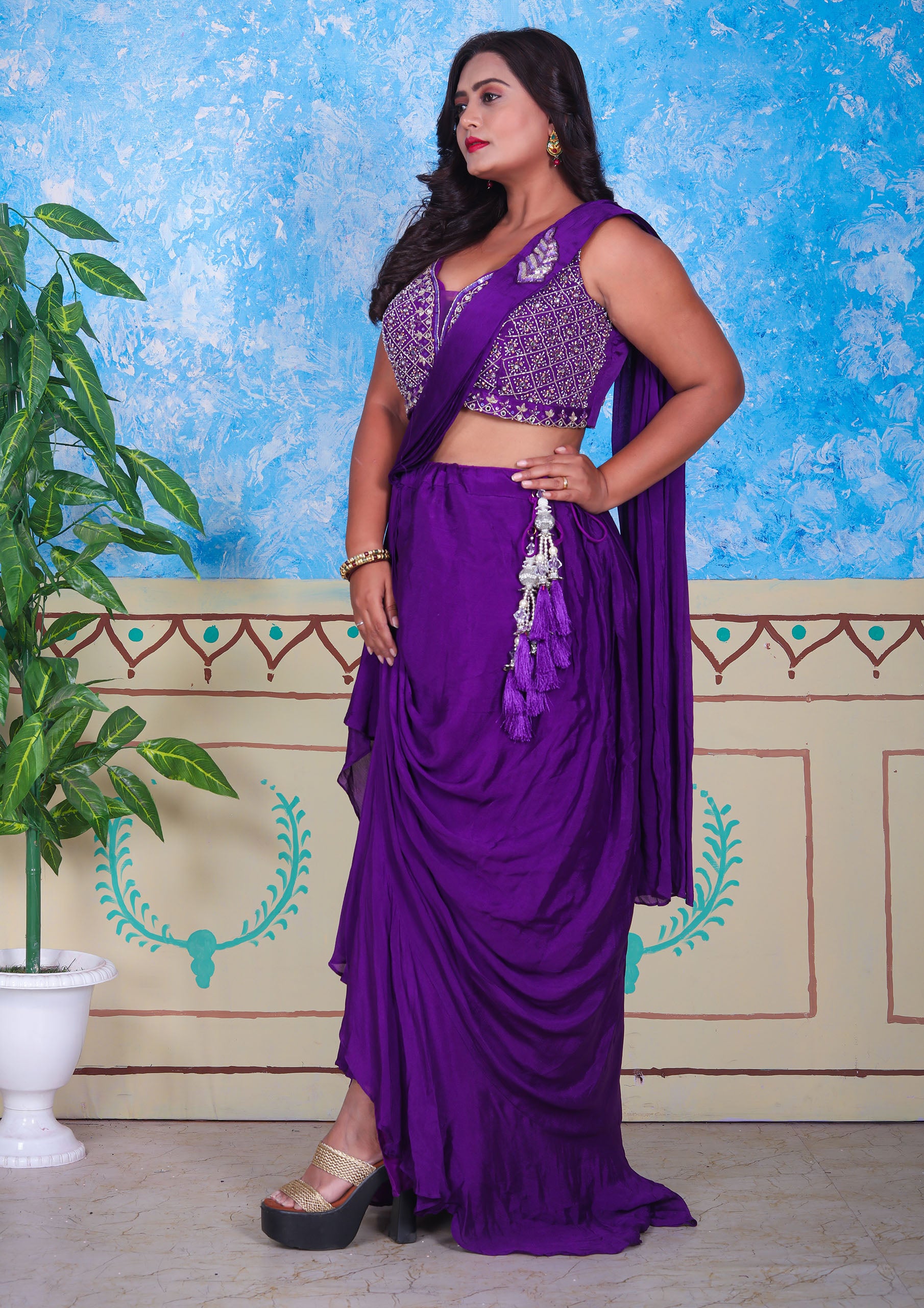 Purple Color Handwork Chinnon Saree