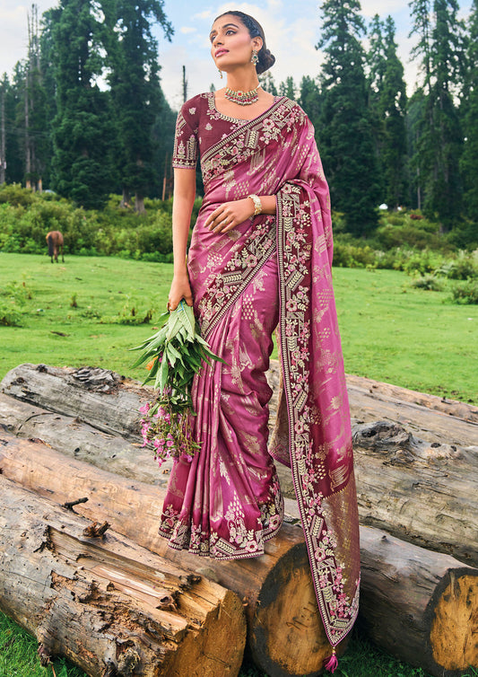 Deep Pink Silk Heavy Embroidery With Stone Work Saree