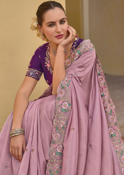 Desaturated Pink Color Tissue Organza Embroidery Festive Wear Saree