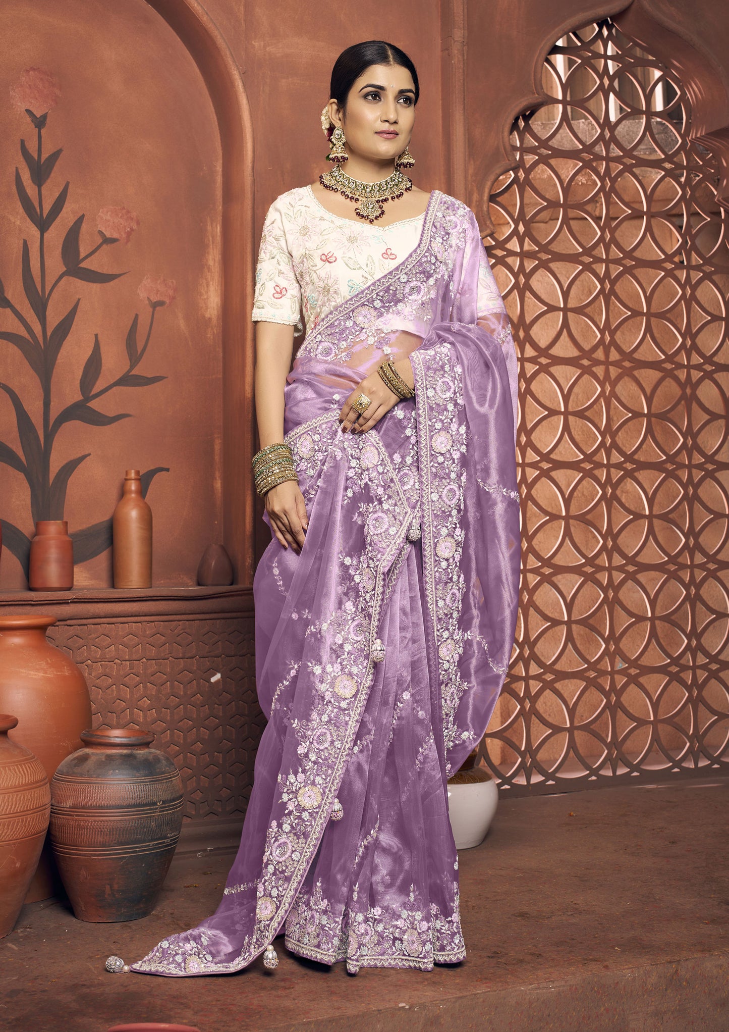 Lavender Color Organza Tissue Sequins Work Saree