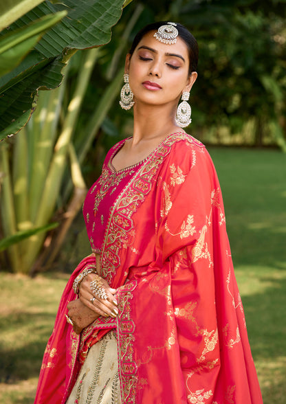 Pink And Cream Banarasi Silk Embroidery Lehenga With Sequins Work