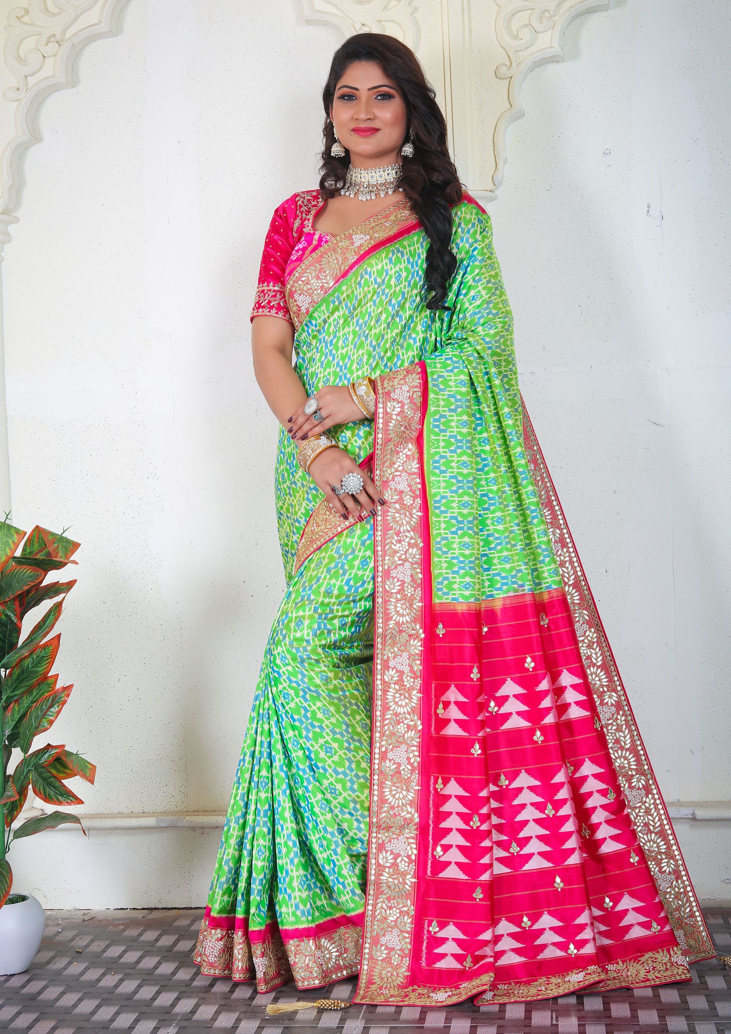 Parrot Green Color Silk Handwork Saree