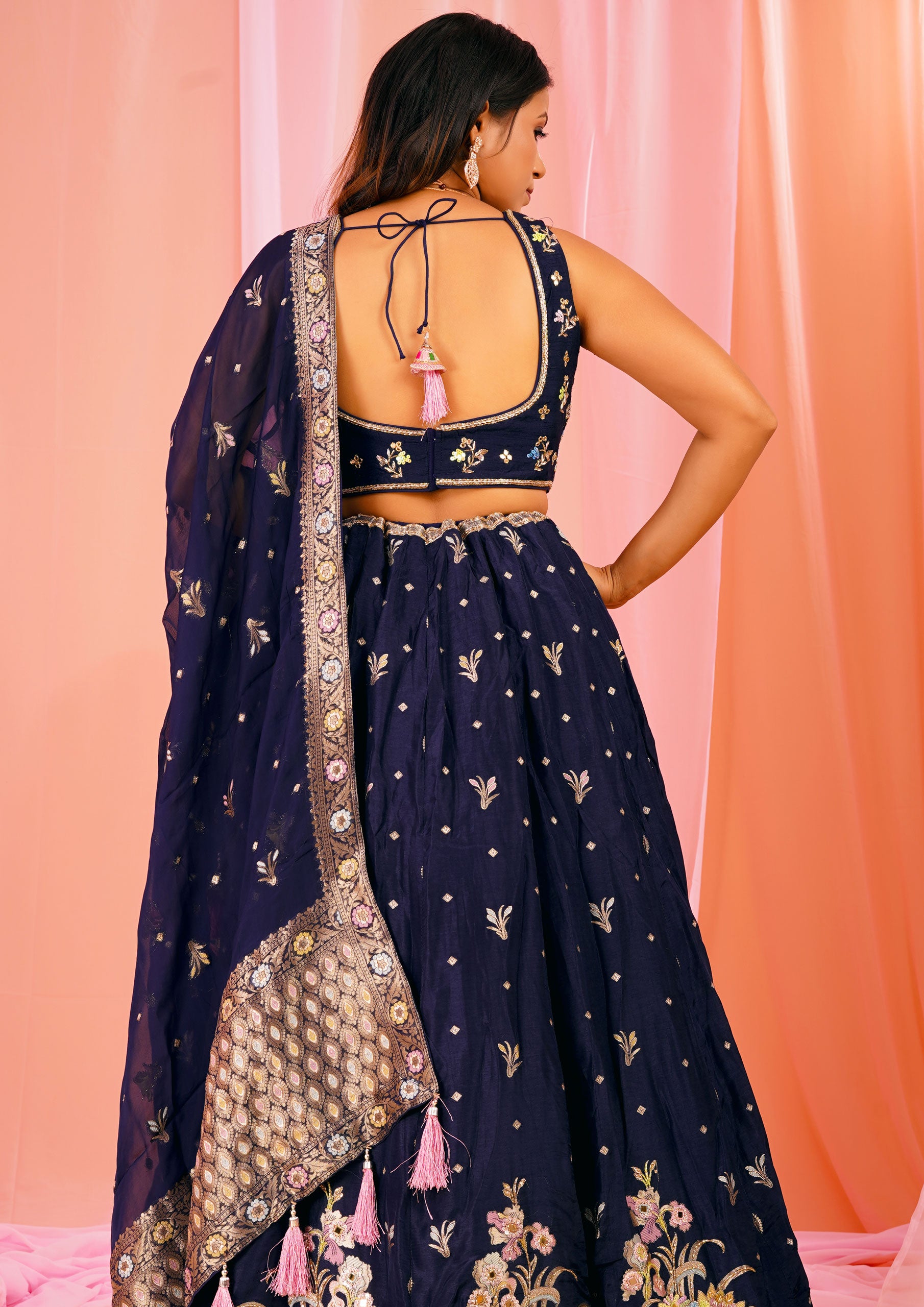 Navy Blue Color Silk Weaving Work Lehenga Choli