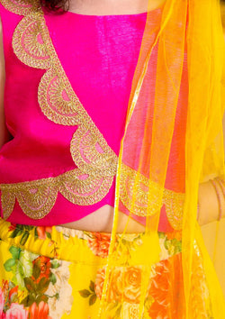 Mother Daughter Yellow Pink Embroidered Ready To Wear Lehenga