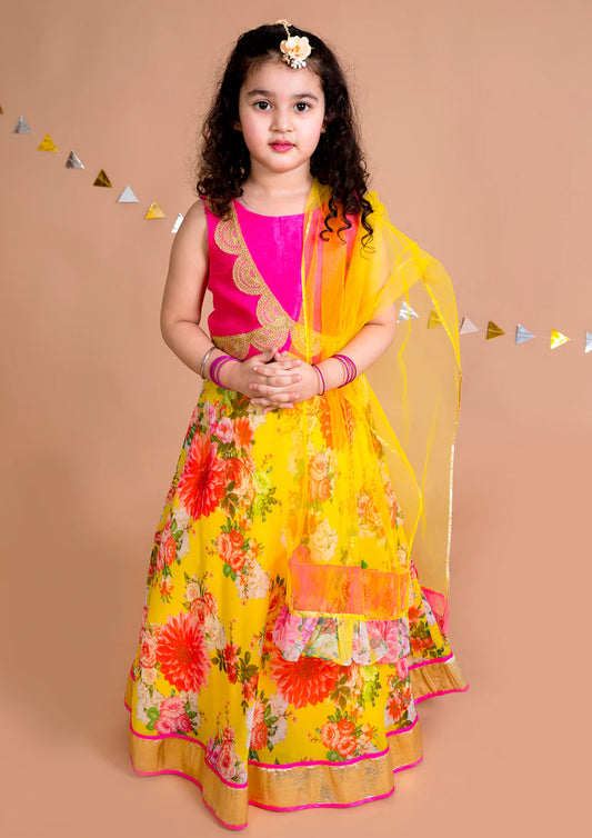 Mother Daughter Yellow Pink Embroidered Ready To Wear Lehenga