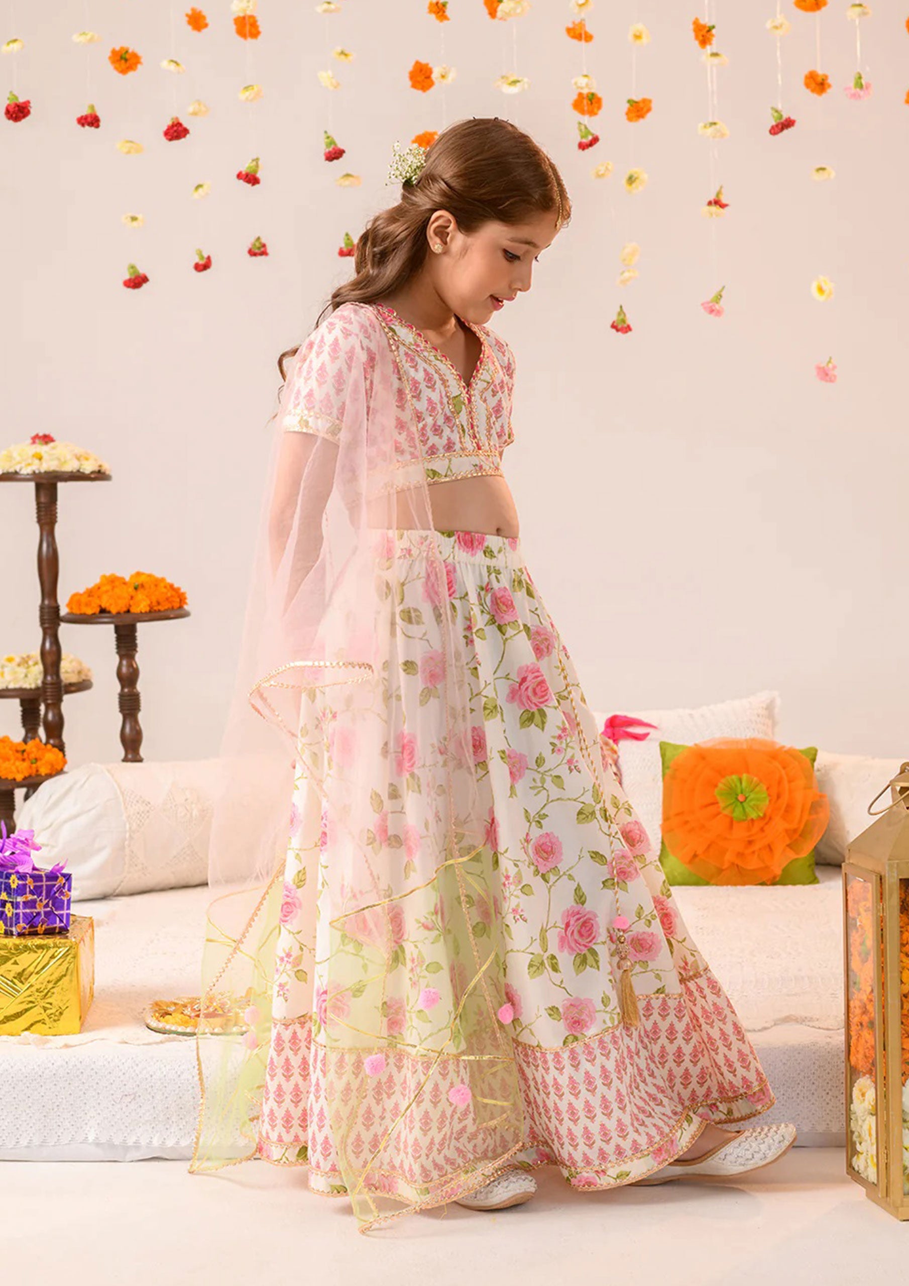 Off White And Pink Flower Print Kids Lehenga