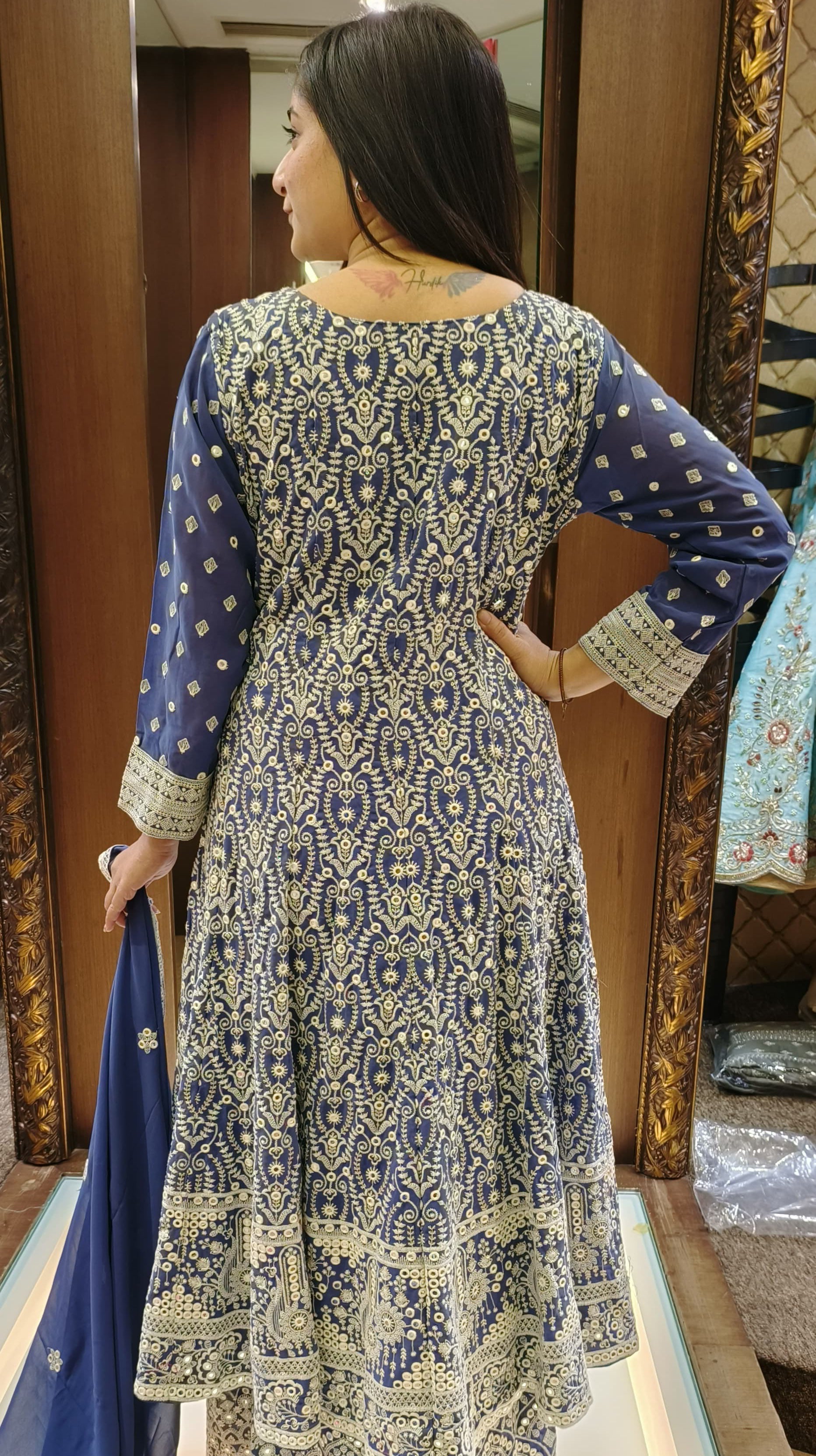 Blue Color Georgette Lucknowi Work Anarkali With Palazzo