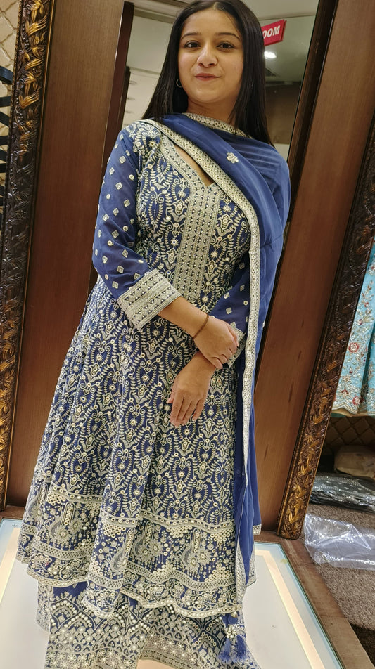 Blue Color Georgette Lucknowi Work Anarkali With Palazzo