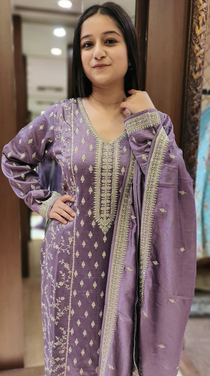 Grey Color Silk Zari Work Pakistani Style Readymade Suit