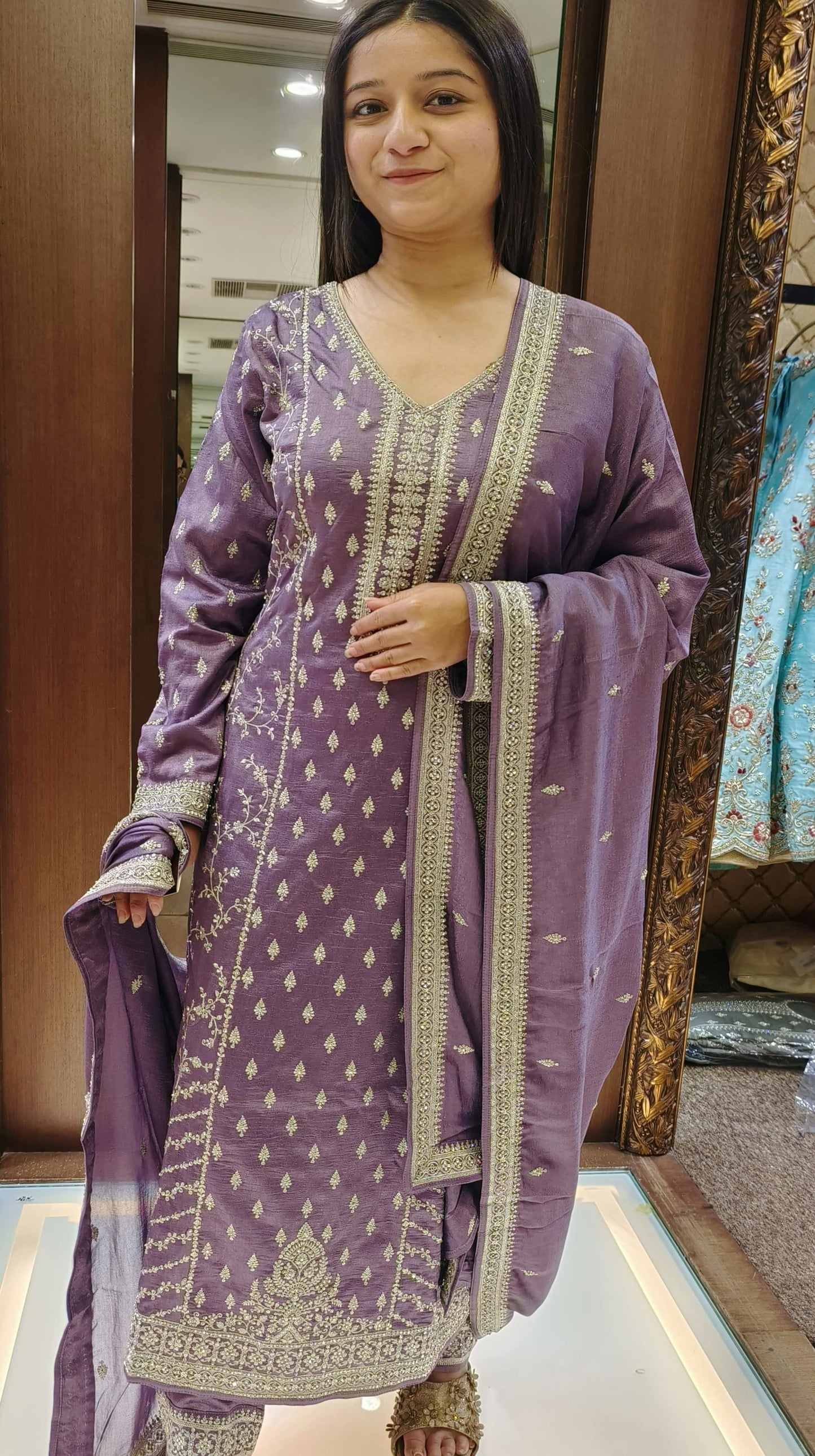 Grey Color Silk Zari Work Pakistani Style Readymade Suit