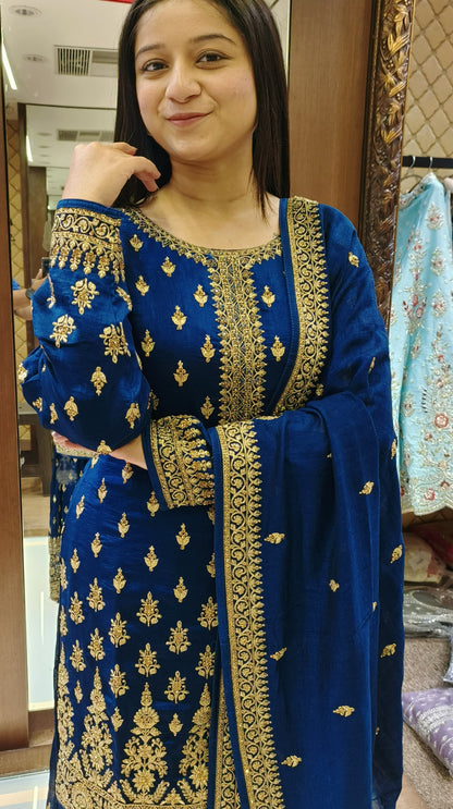 Teal Blue Color Silk Zari Embroidered Gharara Suit