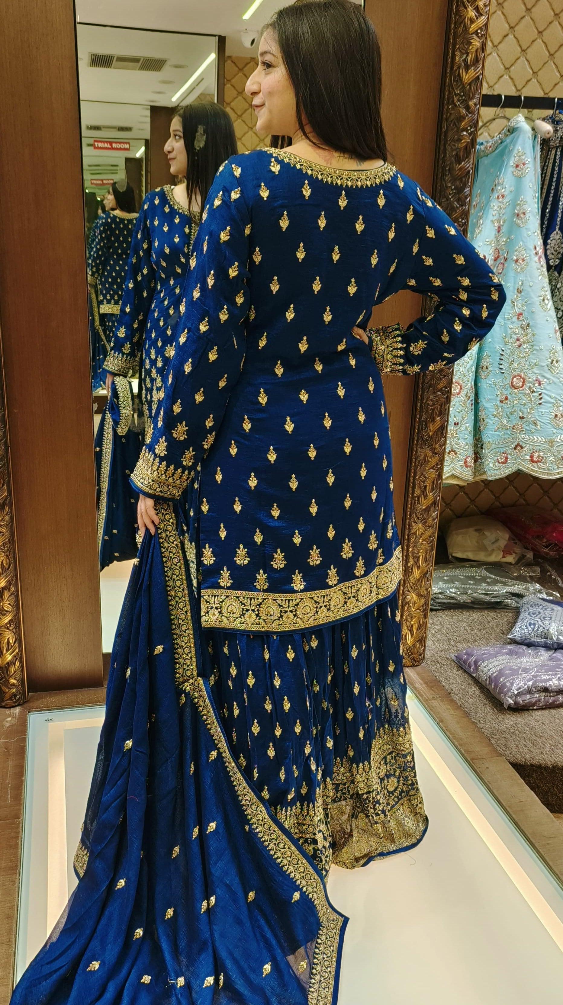 Teal Blue Color Silk Zari Embroidered Gharara Suit