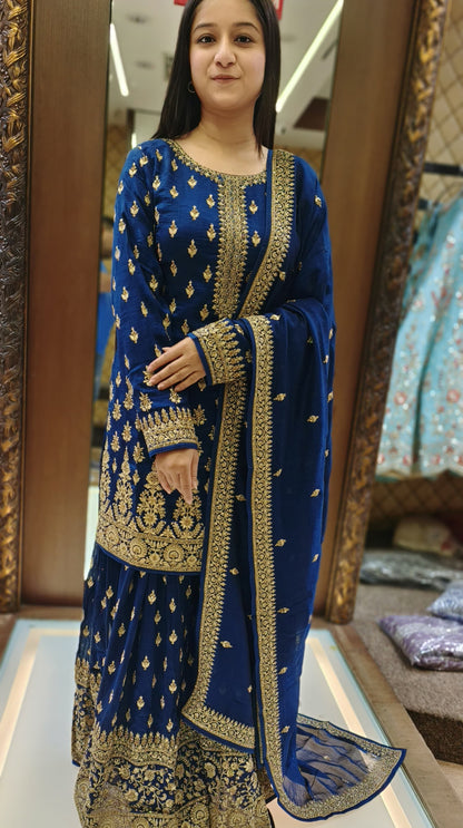 Teal Blue Color Silk Zari Embroidered Gharara Suit