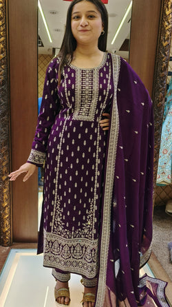 Purple Color Silk Zari Embroidered Straight Cut Salwar Suit