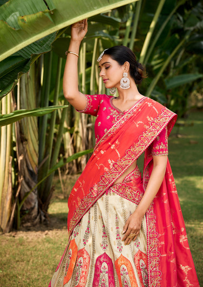 Pink And Cream Banarasi Silk Embroidery Lehenga With Sequins Work