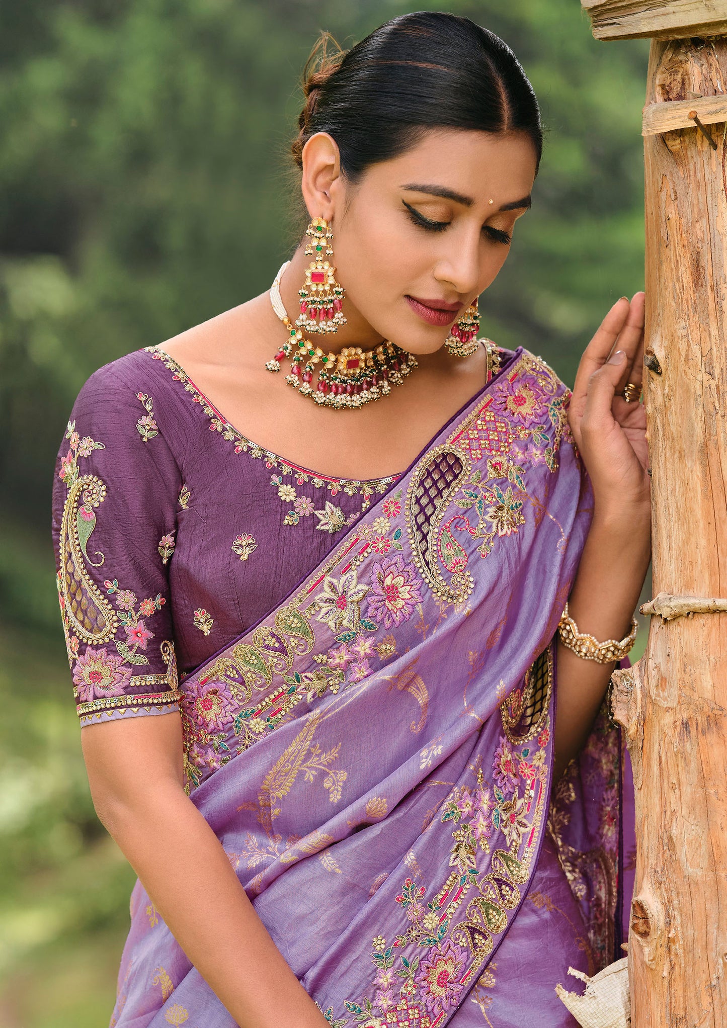 Lavender Silk Heavy Embroidery With Stone Work Saree