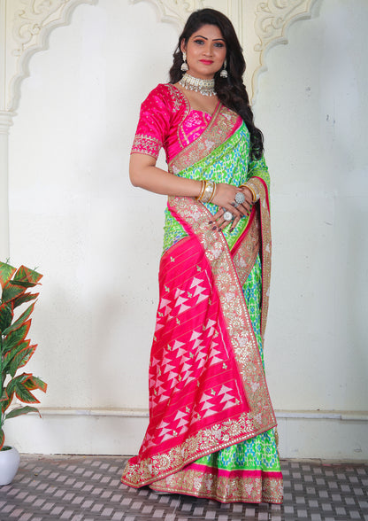 Parrot Green Color Silk Handwork Saree