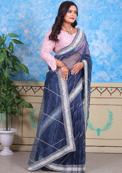 Teal Blue Handwork Organza Saree