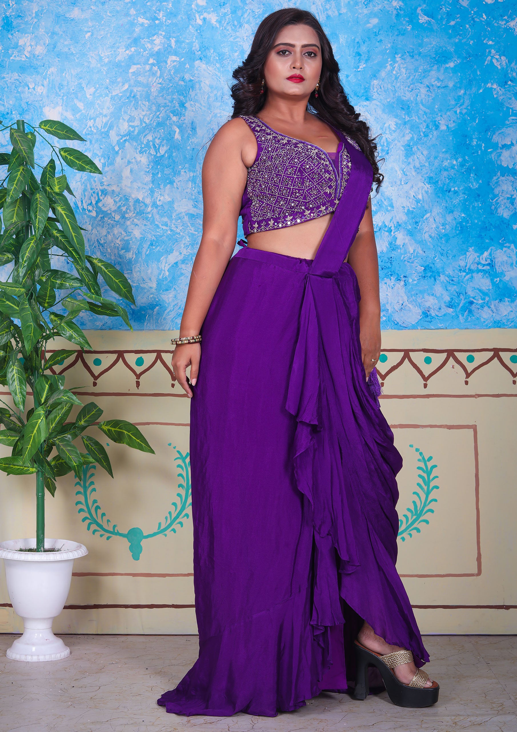 Purple Color Handwork Chinnon Saree