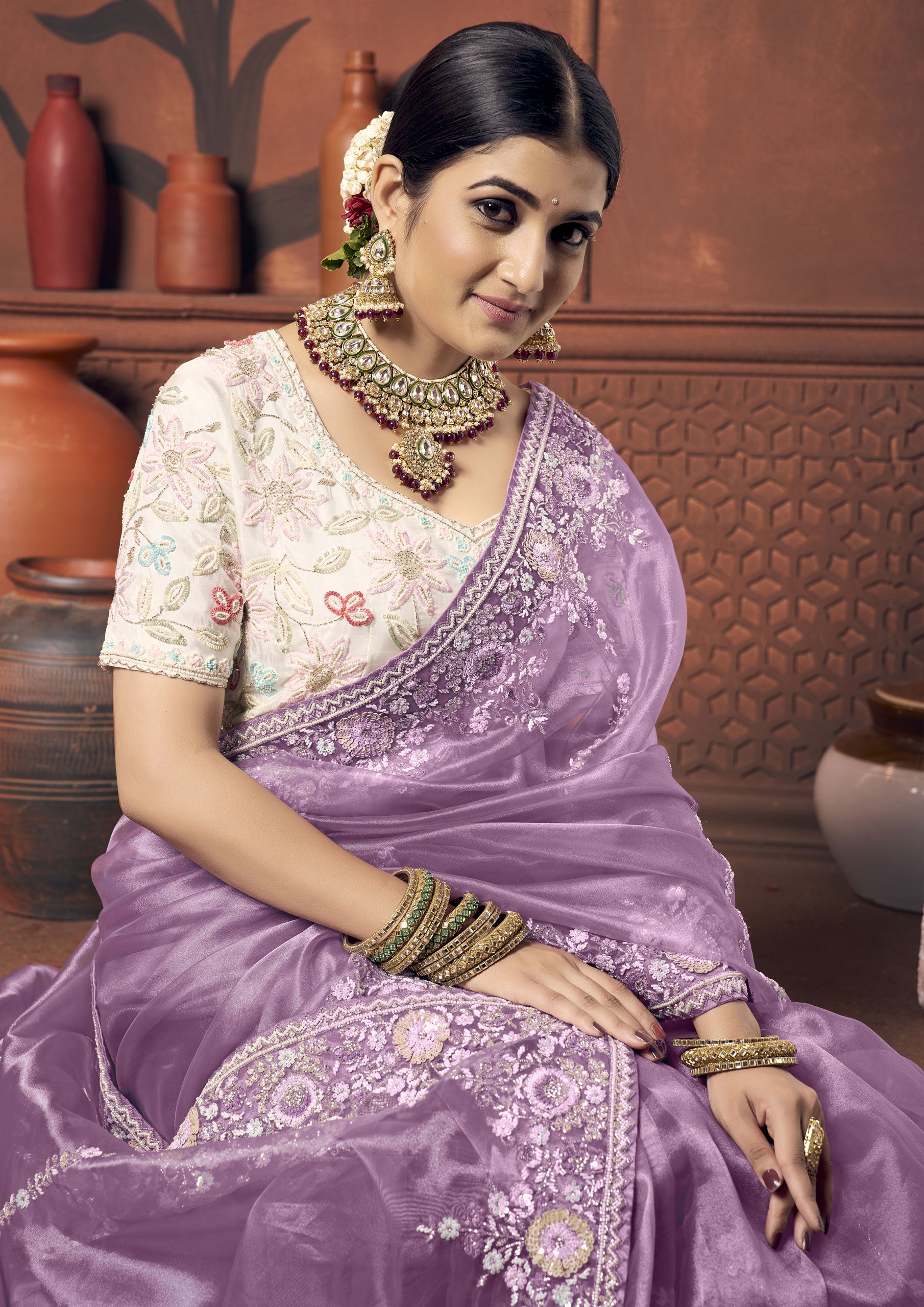 Lavender Color Organza Tissue Sequins Work Saree