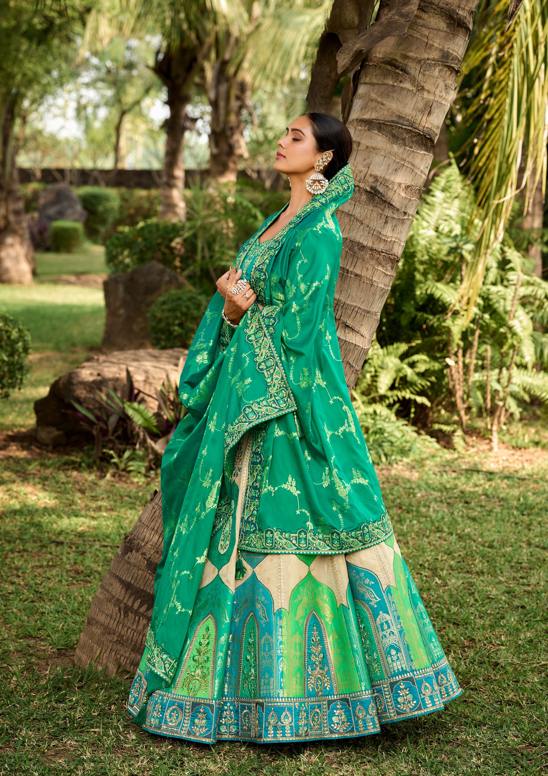 Sea Green And Cream Banarasi Silk Embroidery Lehenga With Sequins Work